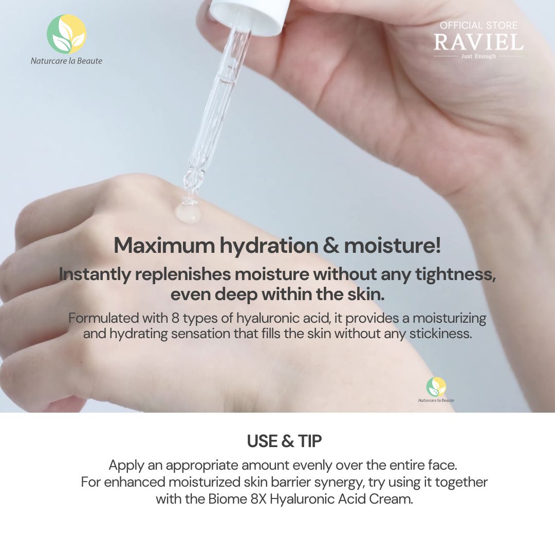 Raviel Biome 8X Hyaluronic Ampoule 30ml | Deep hydration, refine pores, strengthen skin barrier