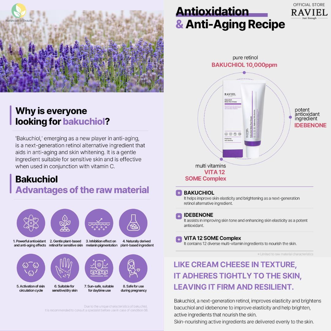 Raviel Bakuchiol Mela Free Cream 50ml - Deep hydration, brightens skin and restores skin barrier