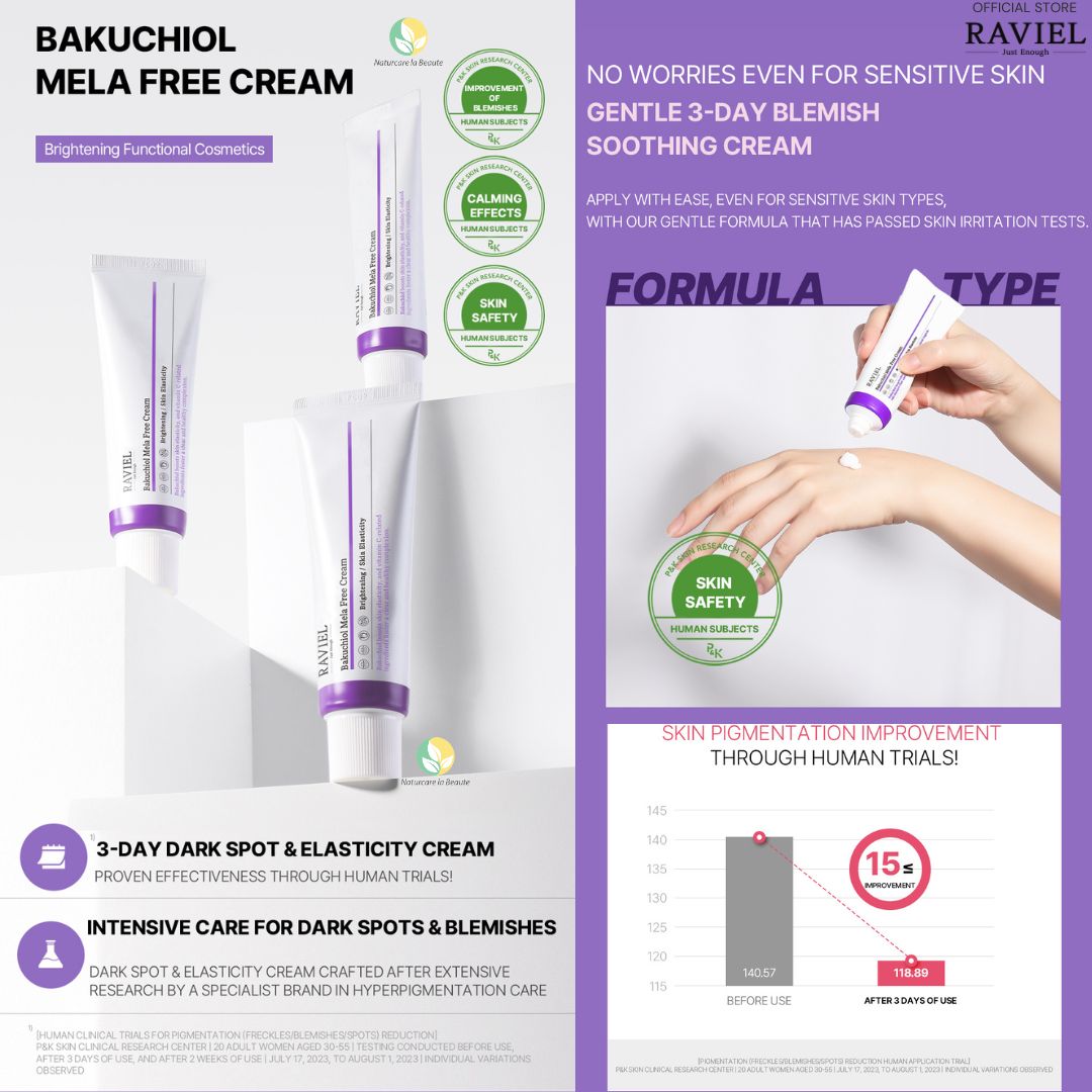 Raviel Bakuchiol Mela Free Cream 50ml - Deep hydration, brightens skin and restores skin barrier