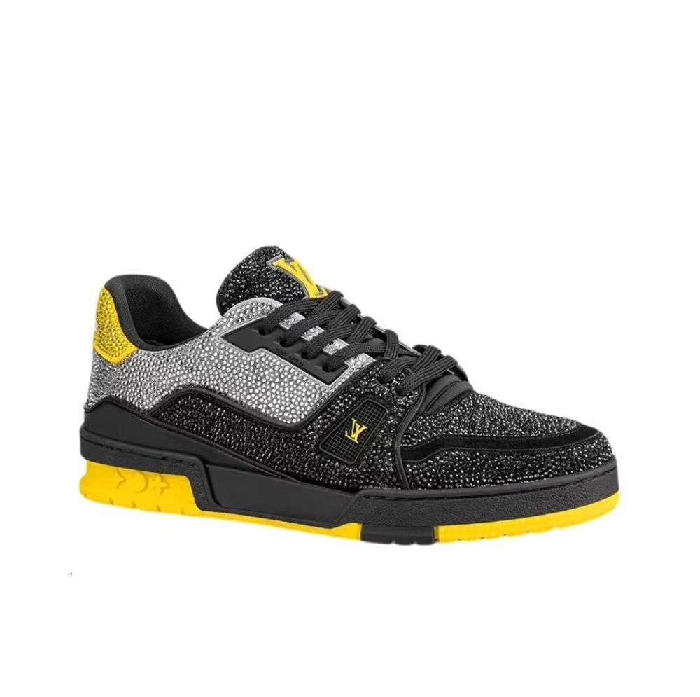 LOUIS VUITTON Trainer Line rhinestone sneakers men's black and yellow
