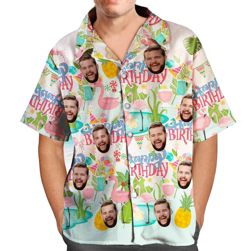カスタムフェイスハワイアンシャツ - 写真入れ可能なオリジナルアロハシャツ - フラミンゴ誕生日おめでとう