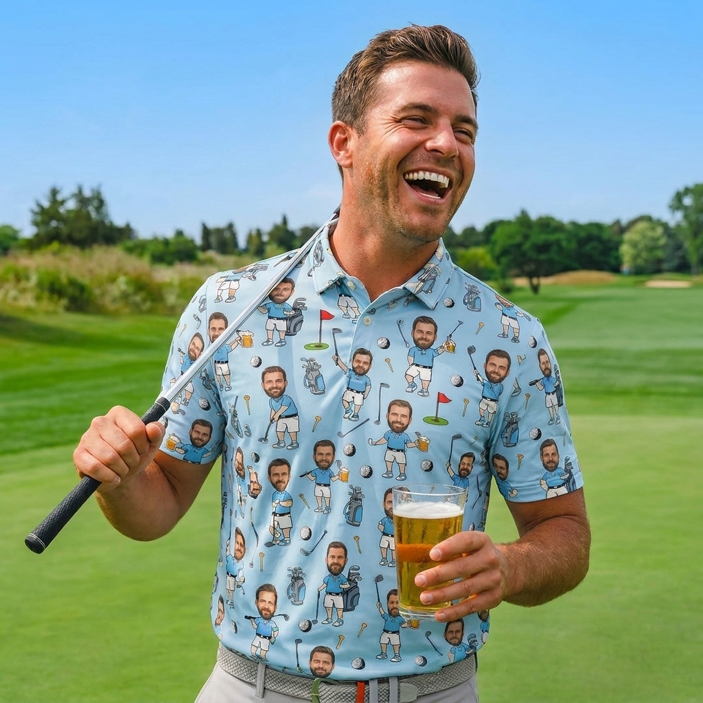 Personalized Face Photo Golf Polo Shir, Father's Day Gifts, Funny Polo Shirt for Golfer, Custom Face Photo Polo Shirt, Photo Golf Polo Shirt - MyFaceSocksAU