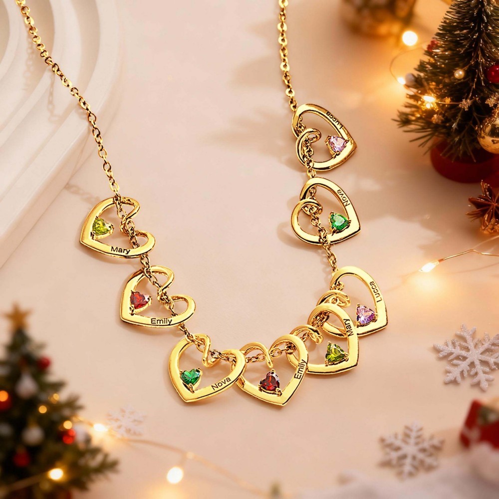 Personalized Heart Name & Birthstone Necklace Custom Gift for Mom or Grandma