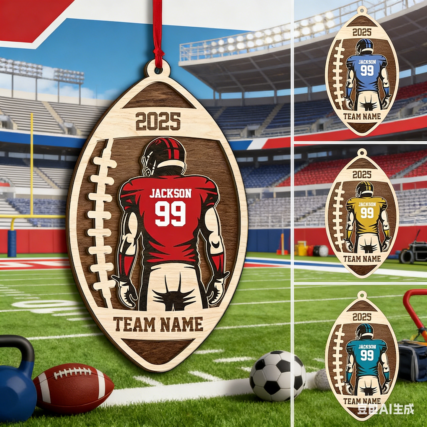 Personalized Football Layered Wood Ornament, Custom Name Number Football Christmas Decor, Sport Xmas Home Decor, Xmas Gift for Son, Team - MyFaceSocksAU