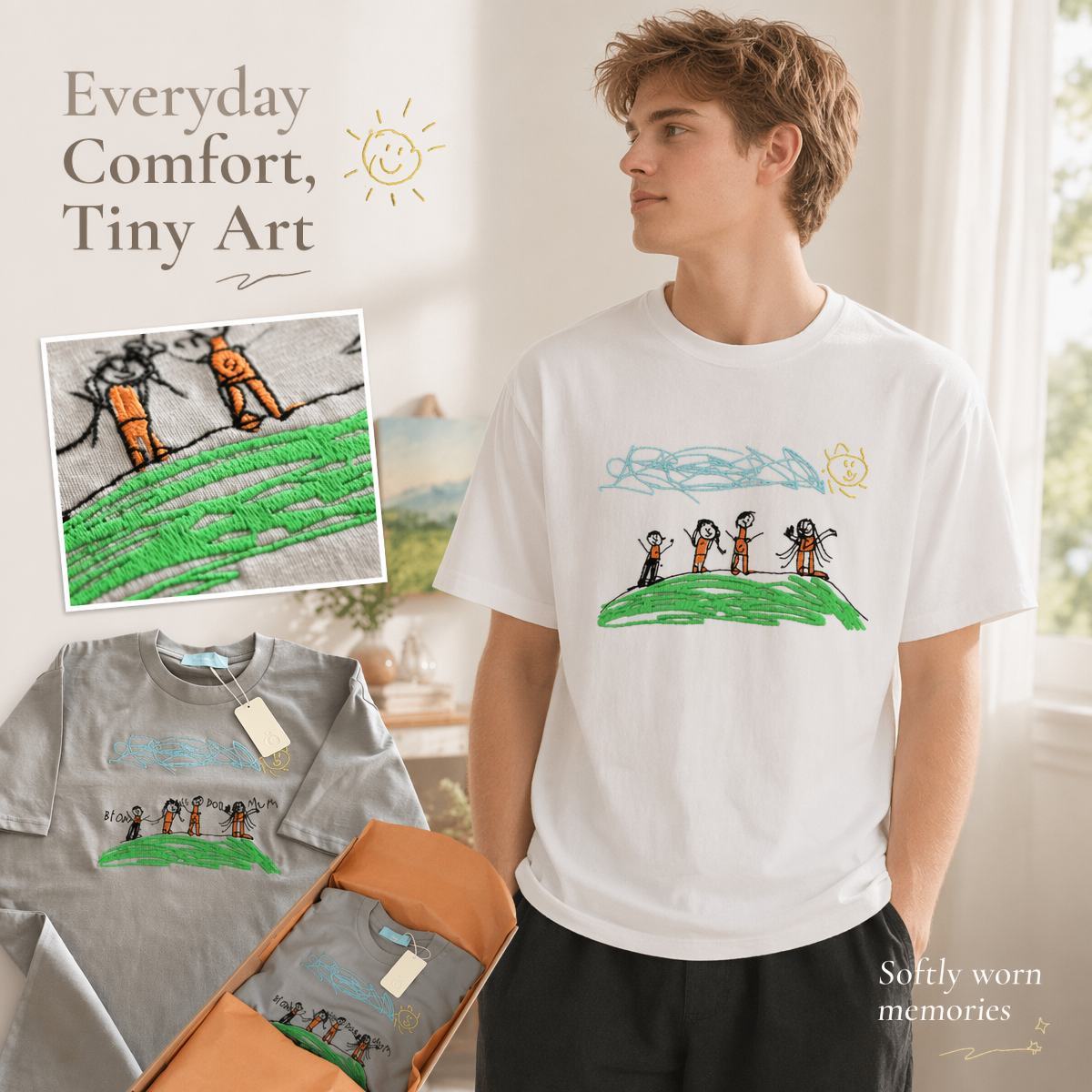Custom Kids Drawing Embroidered T-Shirt – Personalized Child Artwork Tee, Custom Family Portrait Embroidery Shirt, Meaningful Gift for Mom, Dad & Grandparents - MyFaceSocksAU