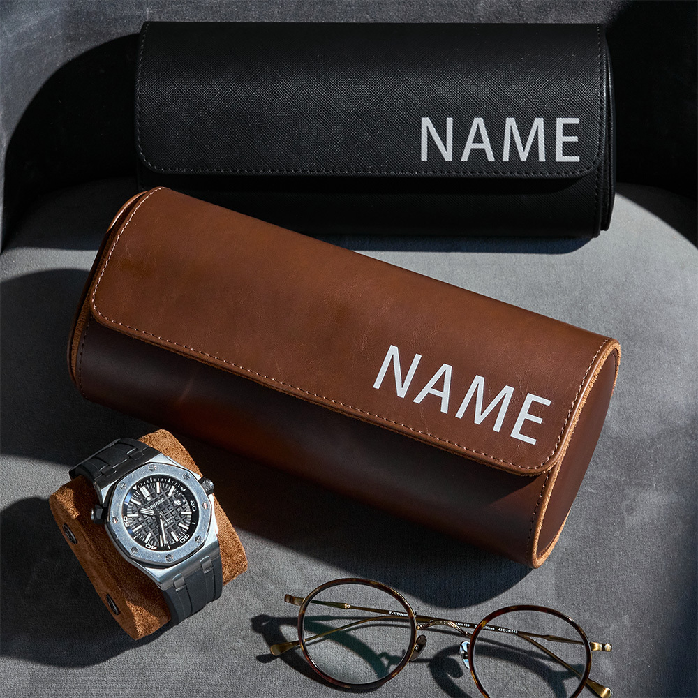 Custom Name Leather Watch Roll Personalized Travel Gift For Men Watch Card Slot Box - MyFaceSocksAU