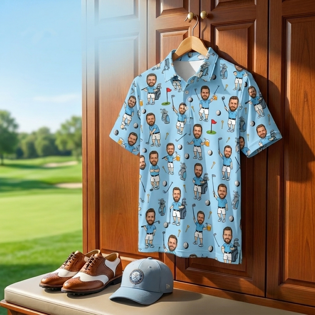 Personalized Face Photo Golf Polo Shir, Father's Day Gifts, Funny Polo Shirt for Golfer, Custom Face Photo Polo Shirt, Photo Golf Polo Shirt - MyFaceSocksAU