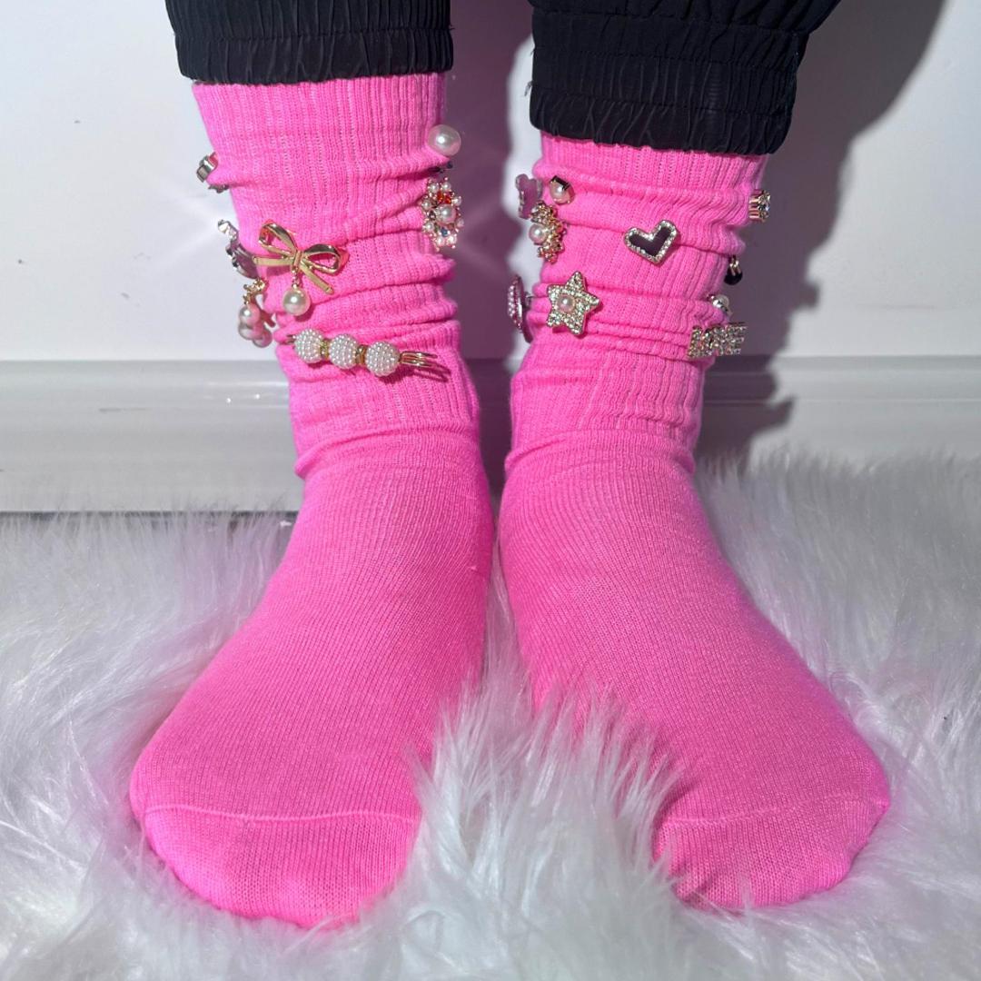 Slouch Sock With Charms Each pair is freestyle MAKE YOUR OWN DIY VIRAL TRENDING JUNK SOCKS & BROOCH PINS - Pink