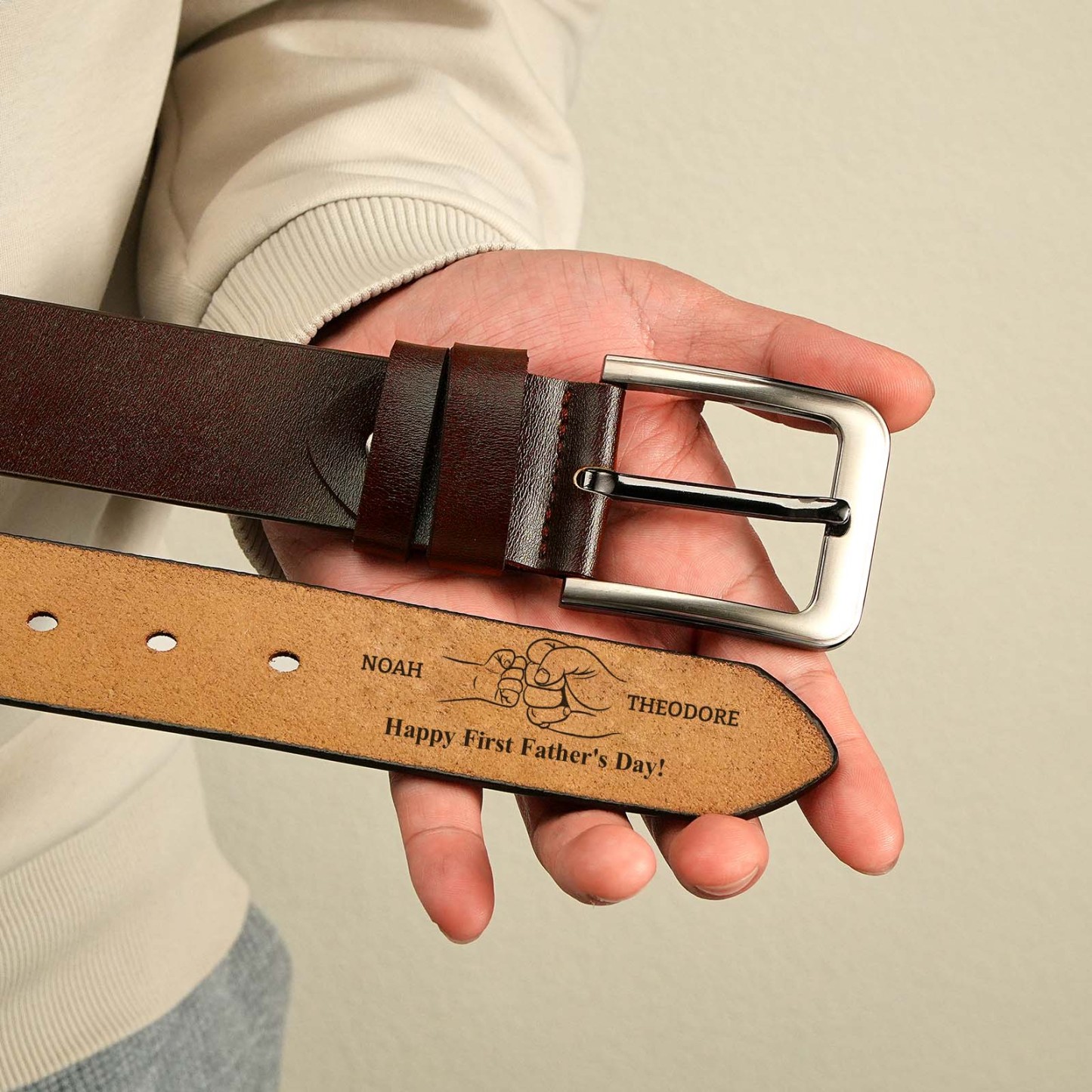 Personalised Engraved Name Leather Belts Fist Bump Gifts for Him Dad