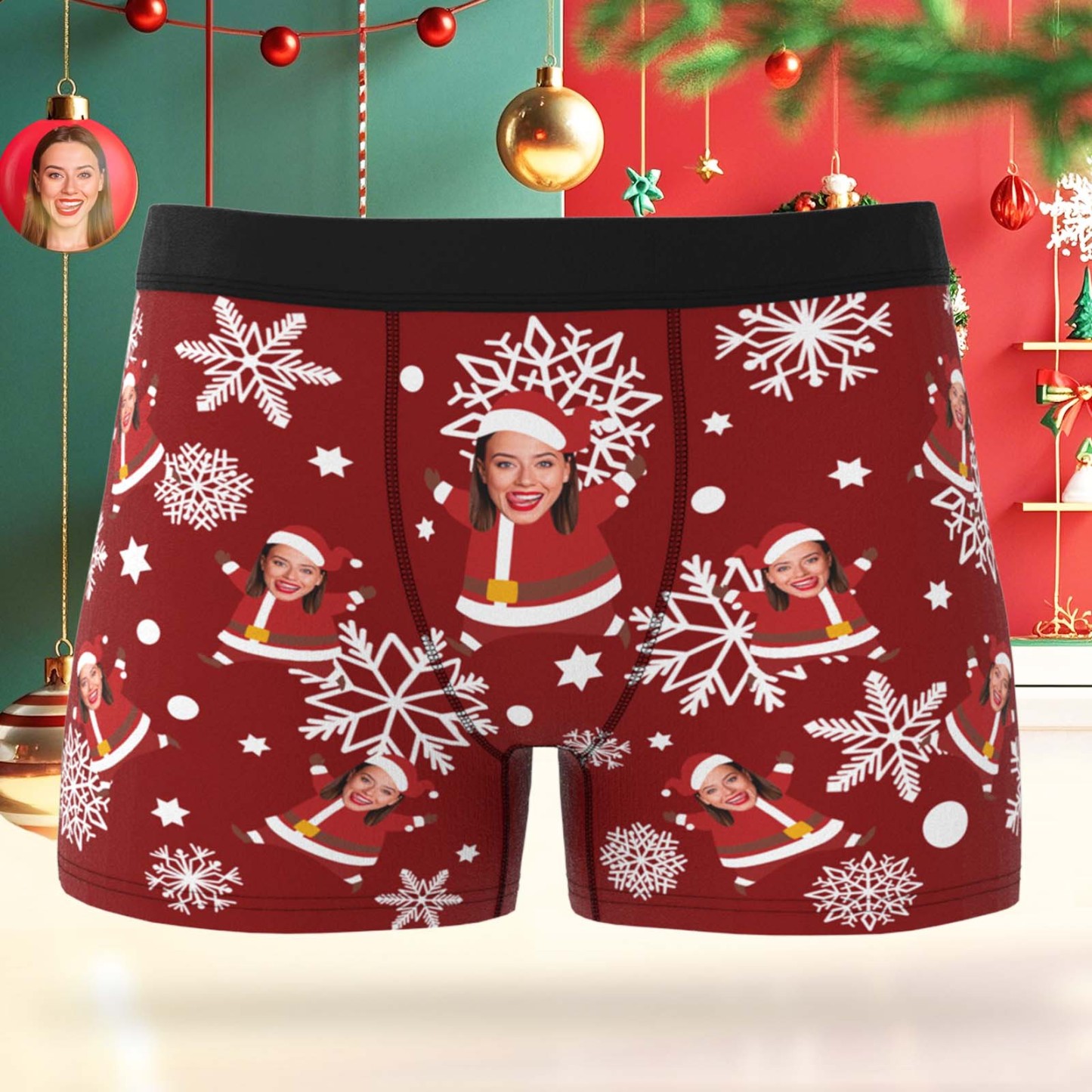 Custom Face Men's Boxer Underwear Snowflake Santa Claus Personalized Photo Funny Men's Boxer Briefs Christmas Gift - MyFaceSocksAU