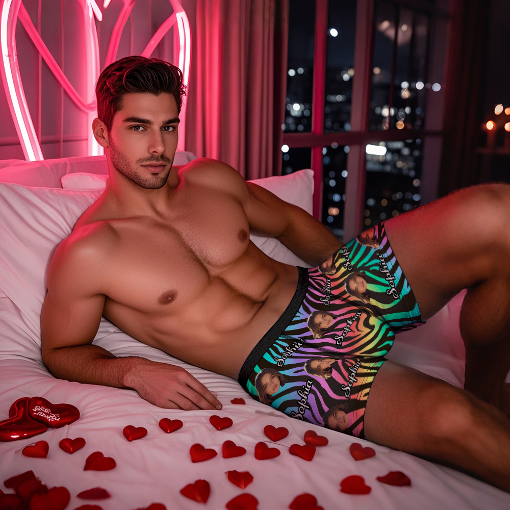 Custom Face and Text Colorful Stripe Boxer Shorts Men's Face Valentine's Day Gifts - MyFaceSocksAU