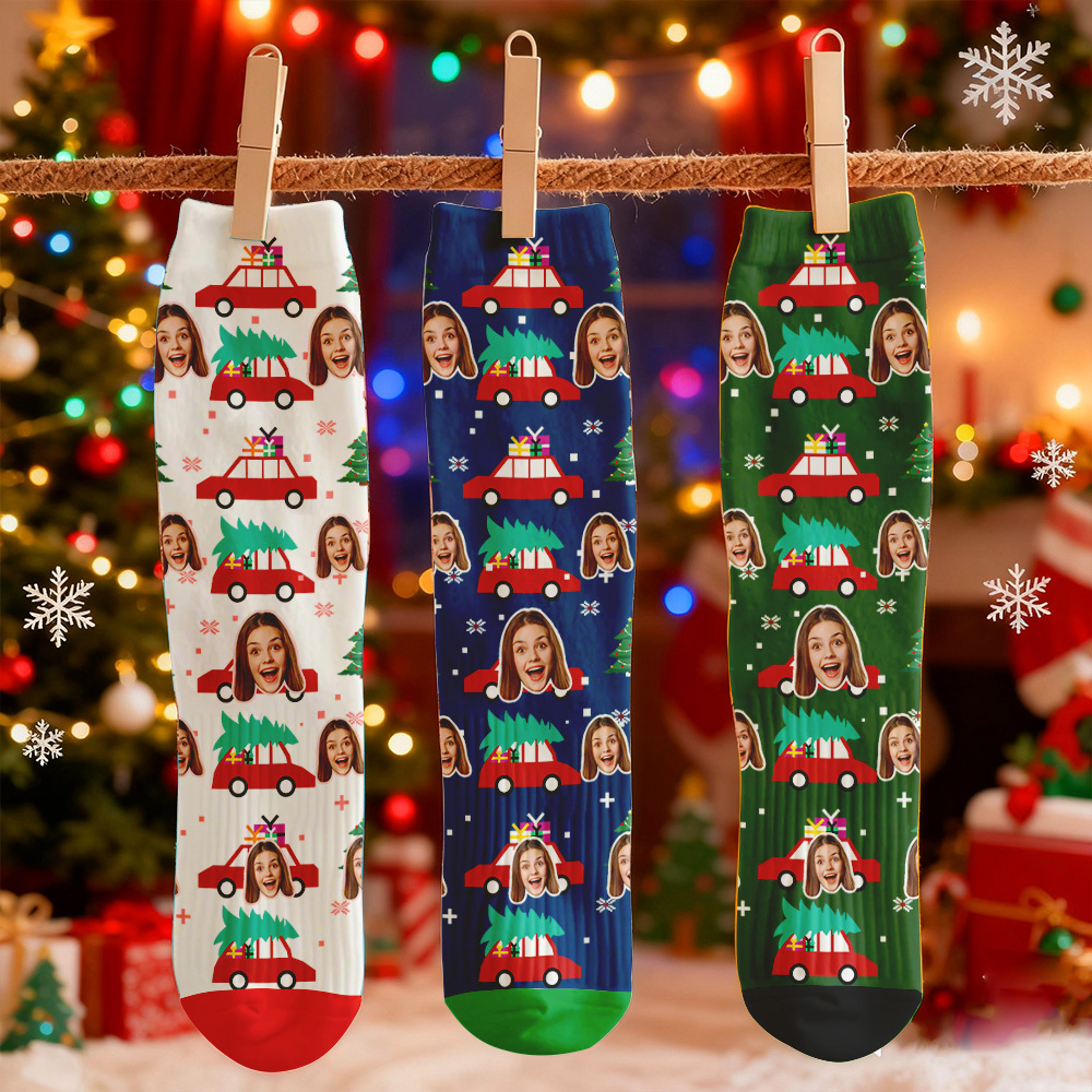 Custom Face Printed Socks Snowflake Santa Claus Face Socks Personalized Custom Designs Best Santa Gift Idea - MyFaceSocksAU