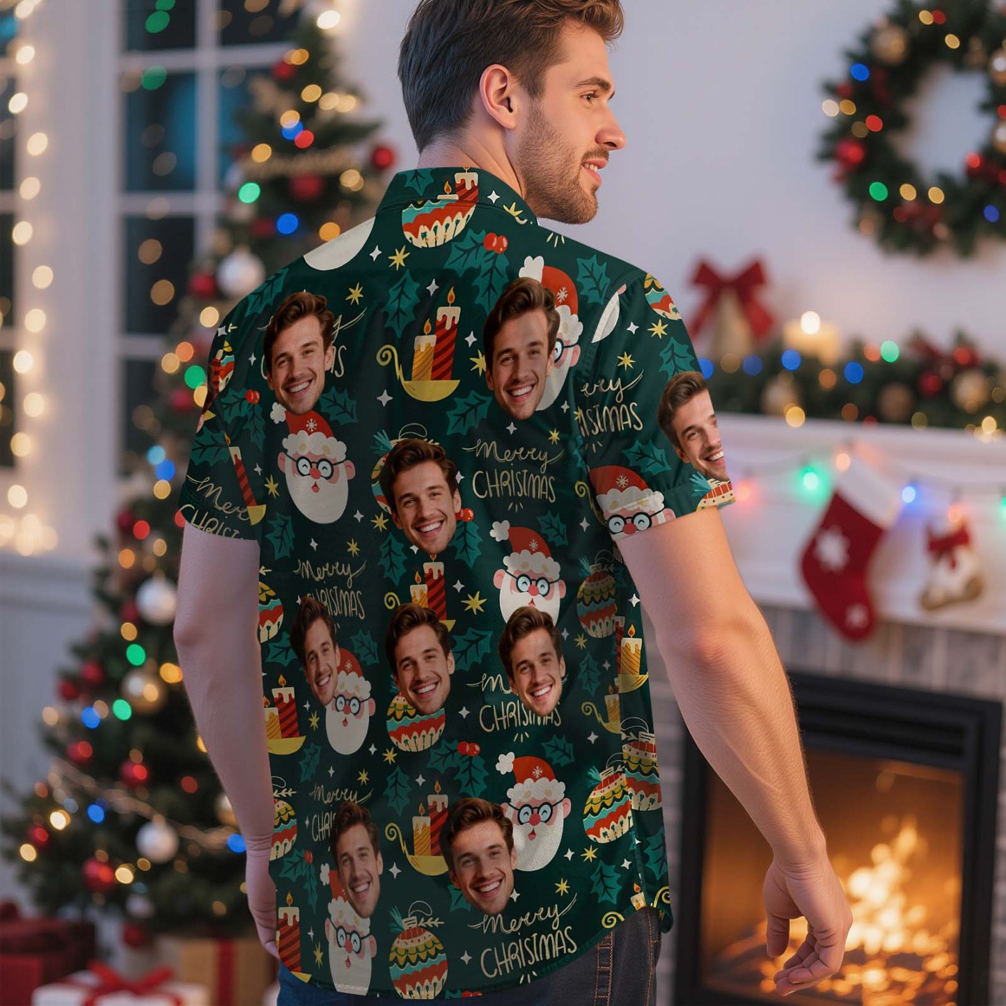 Custom Face Christmas Shirt Green Christmas Ball Hawaiian Shirt Xmas Gift for Family Friends Personalized Face Hawaiian Shirt Gift - MyFaceSocksAU