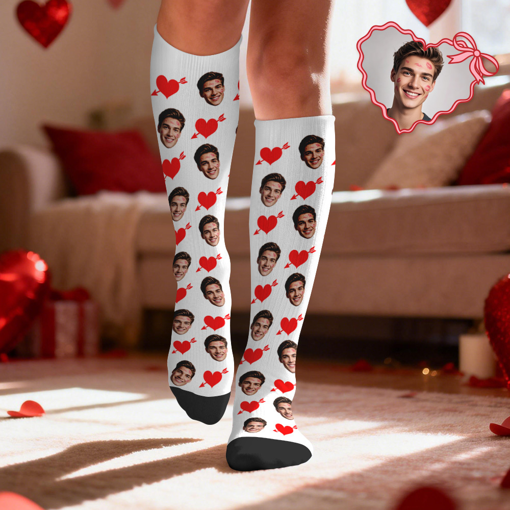 Custom Face Compression Socks Personalized Knee-High Socks with Photo Heart Face Gift for Him Her - MyFaceSocksAU