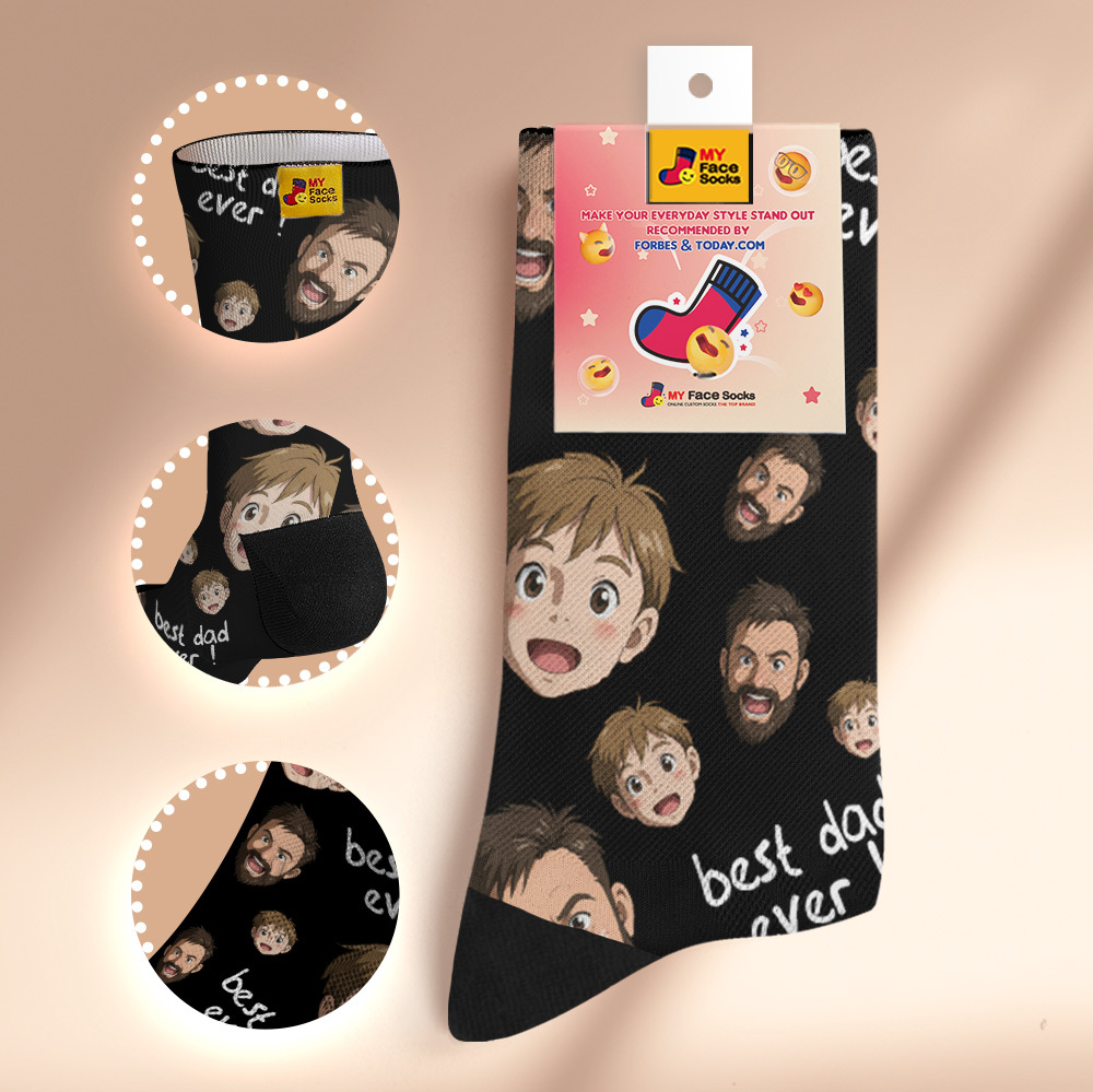 Custom Cartoon Dad Photo Print Socks Colorful Grey Blue Socks Personalized Custom Design Best Fathers Day Gift - MyFaceSocksAU