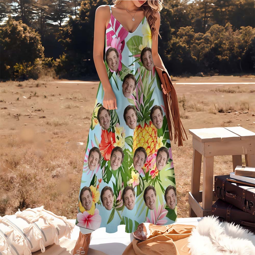 Personalized Green FLowers Face Sling Long Dress Custom Face Photo Dress for Women Fun Summer Vacation Gift - MyFaceSocksAU