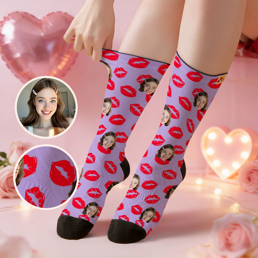 Custom Colorful Face Socks Personalized Valentine Day Socks with Photo Cute Heart Pattern Couple Gift - MyFaceSocksAU