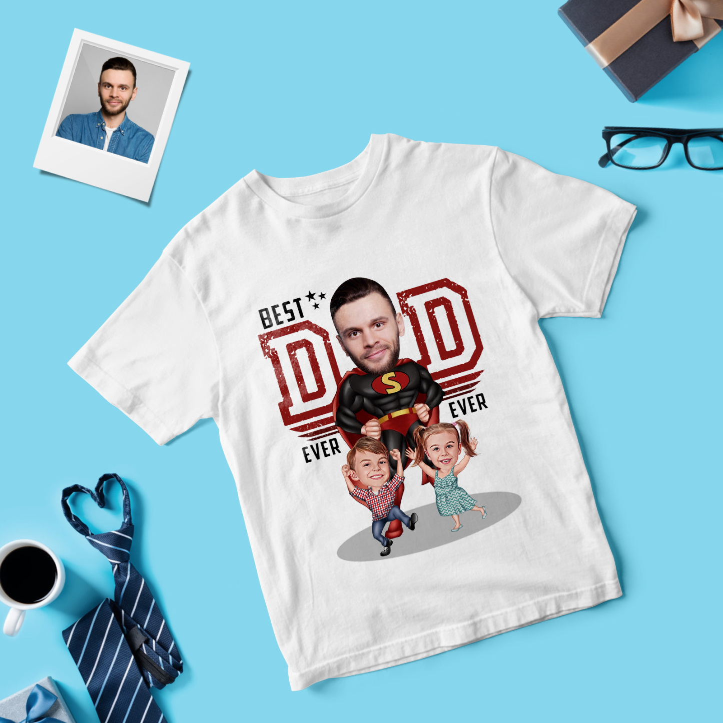 Personalized Dad Shirt With Family Portrait Father's Day Shirt Custom Portrait Tshirt Gift Happy Fathers Day Gift - MyFaceSocksAU