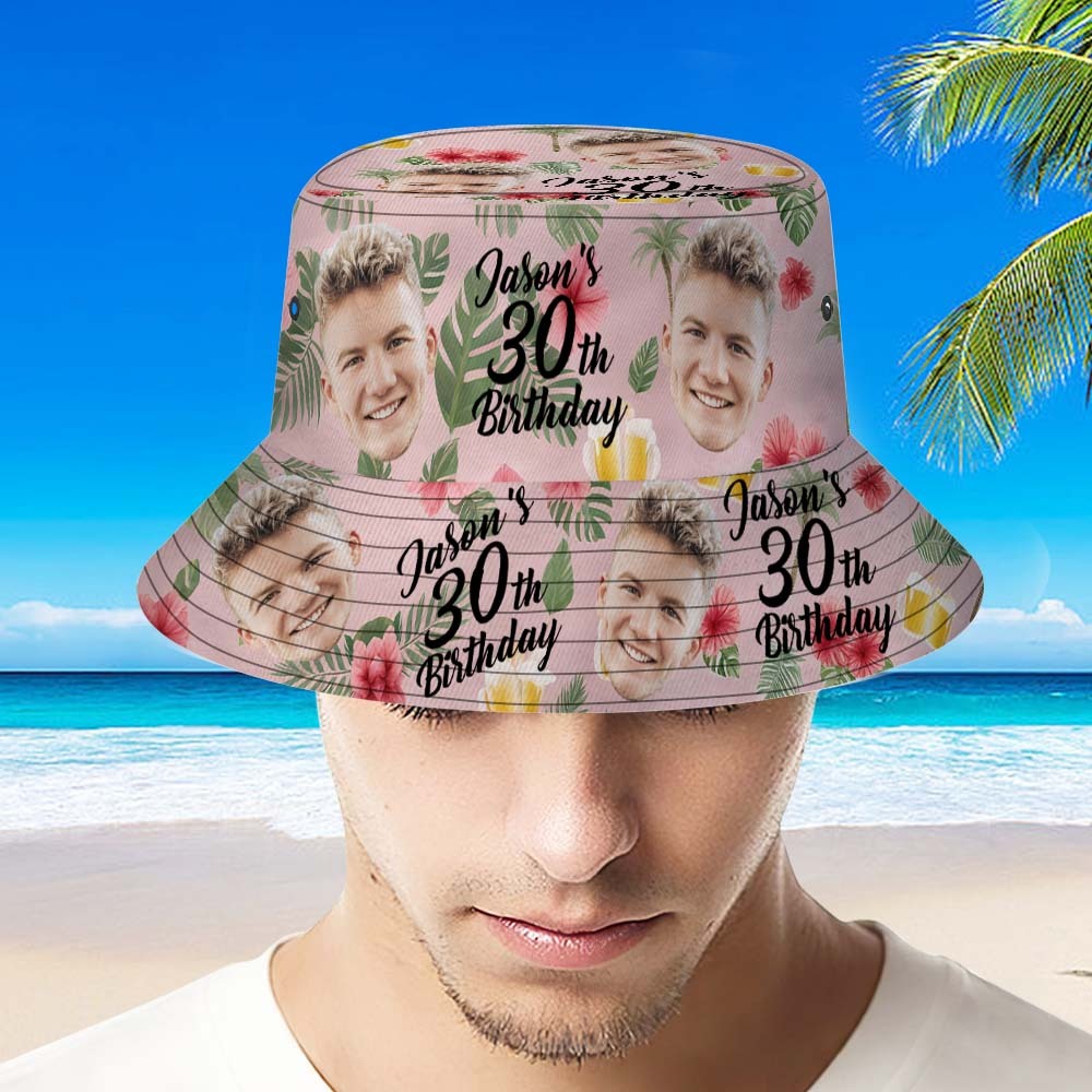 Custom Face Birthday Bucket Hat Unisex Face Personalized Outdoor Summer Age and Birthday Hawaiian Hats Gift - MyFaceSocksAU