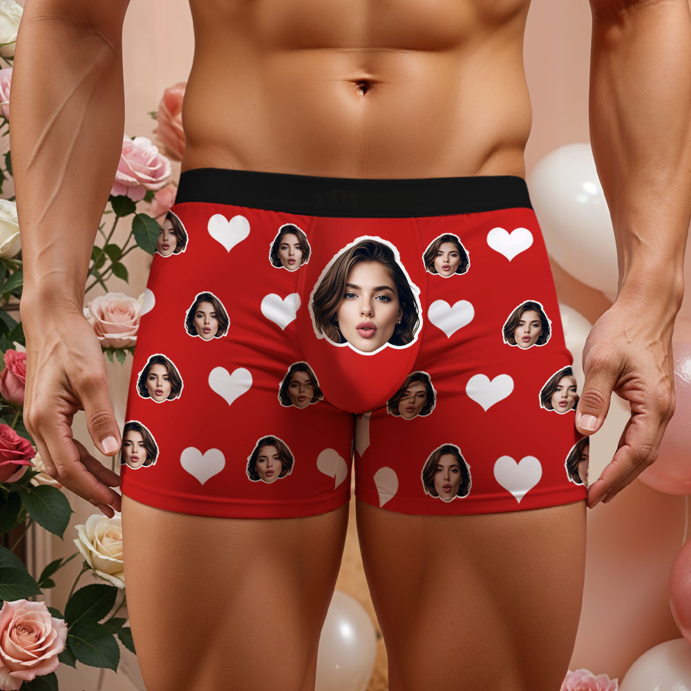 Custom Men's Face Boxer Red Heart Boxers Face Boxer Briefs Personalized Face Boxer Briefs Valentine's Day Underwear Gift - MyFaceSocksAU