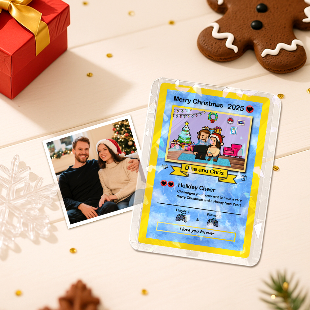 Custom Merry Christmas Card Present for Family Turn Your Photo into a Unique Collectible Pixel Man Style Card Xmas Gift - MyFaceSocksAU