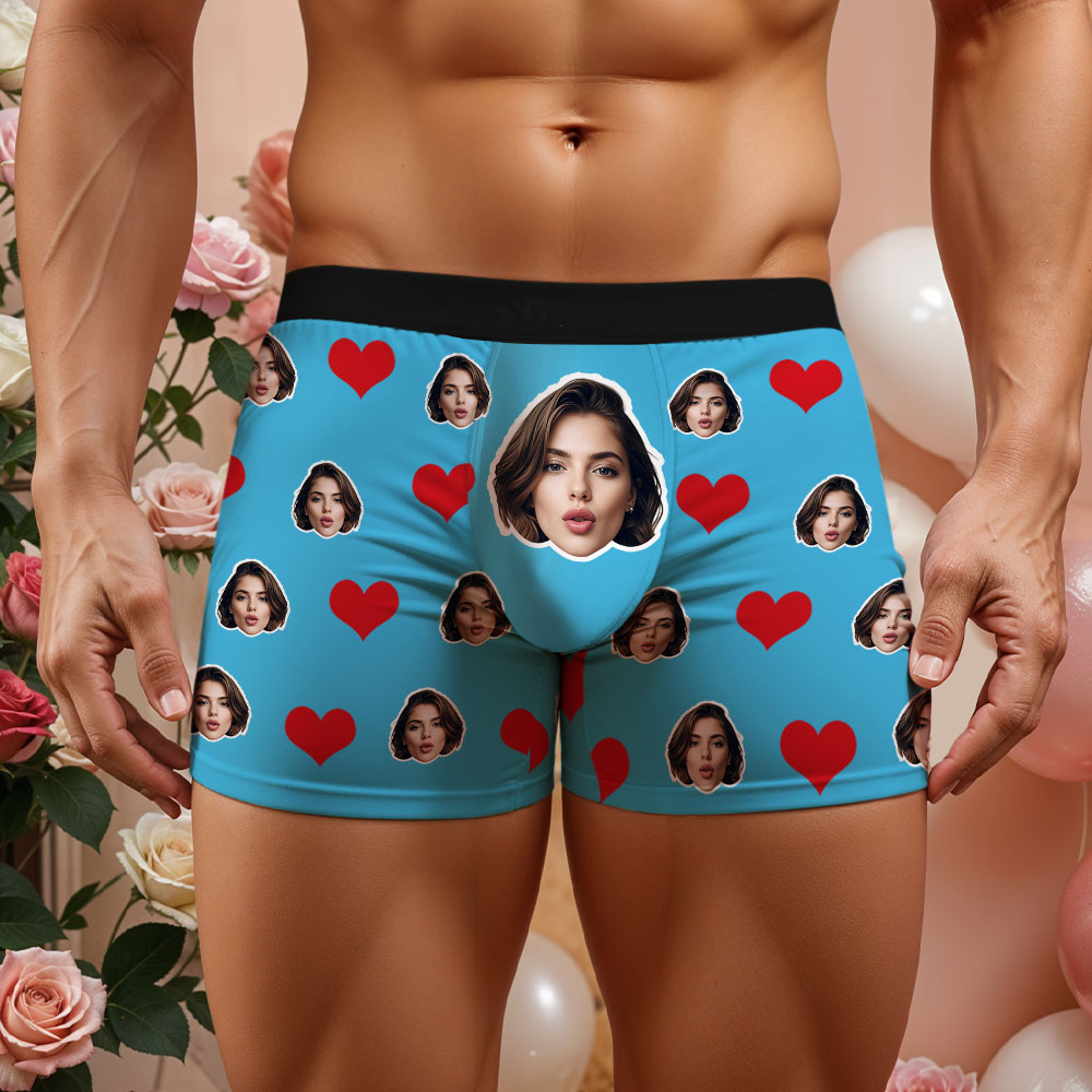 Custom Men's Face Boxer Red Heart Boxers Face Boxer Briefs Personalized Face Boxer Briefs Valentine's Day Underwear Gift - MyFaceSocksAU