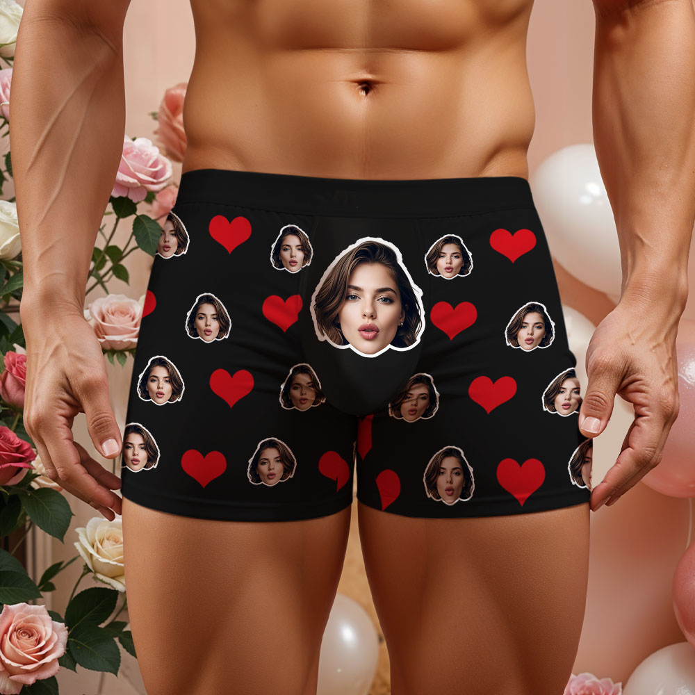 Custom Men's Face Boxer Red Heart Boxers Face Boxer Briefs Personalized Face Boxer Briefs Valentine's Day Underwear Gift - MyFaceSocksAU