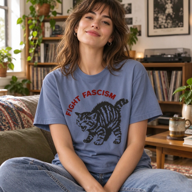 Fight Fascism Tabby Cat T-Shirt – Bold Statement Tee for Activists & Gift Givers This Holiday - MyFaceSocksAU