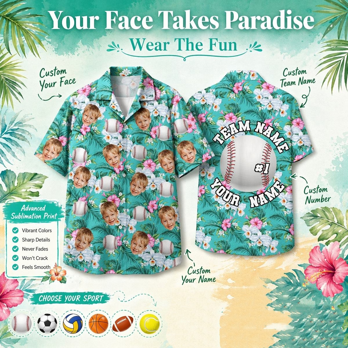 Custom Sports Ball and Face Hawaiian Shirt : Personalized Baseball Tropical Shirts, Customized Hawaii Jersey - MyFaceSocksAU