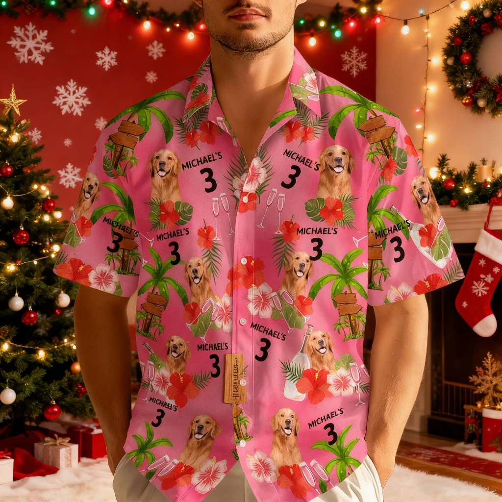 Custom Date and Name Birthday Pet Face Hawaiian Shirt Red Flower and Palm Tree Hawaiian Shirt Christmas Gift