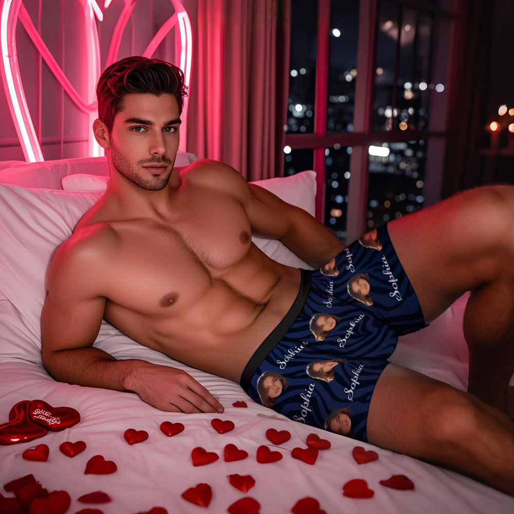 Custom Face and Text White Stripe Boxer Shorts Men's Face Valentine's Day Gifts - MyFaceSocksAU