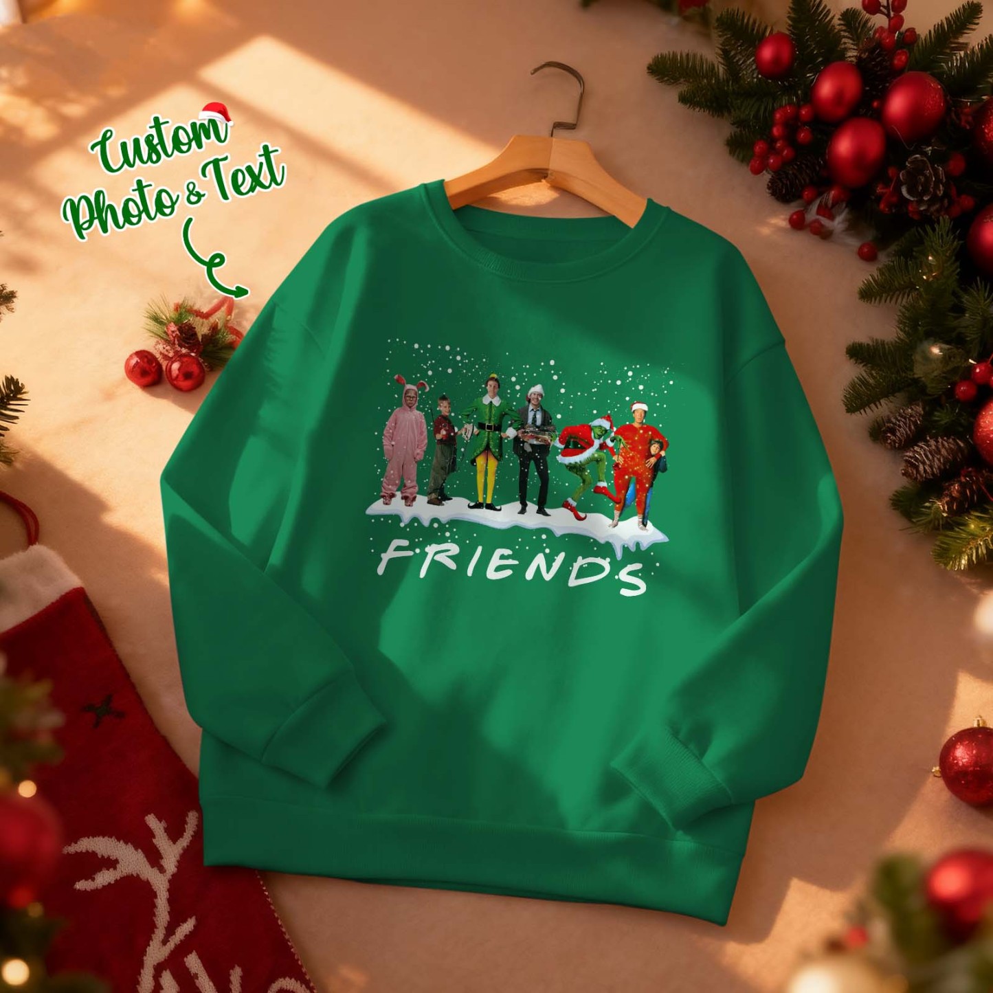 Custom Face Round Neck Hoodie Custom Face Retro Vintage Portrait Christmas Sweatshirt Memory Gift - MyFaceSocksAU