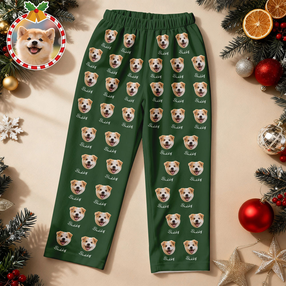 Custom Pet Face Christmas Green Pajamas Personalized Dog Cat Long Sleeve PJs with Name Perfect Holiday Gift for Pet Lovers - MyFaceSocksAU