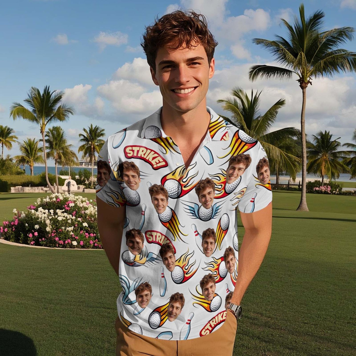 Custom Face Polo Sunset Blue Palm Trees Golf Polo Shirt Text or Not Team Polo Shirt - MyFaceSocksAU