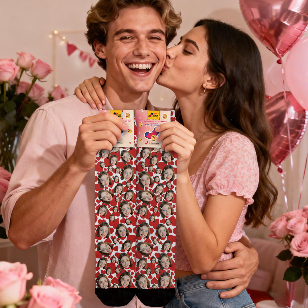 Personalized Valentine Face Socks Gift Custom Red Photo Heart Socks Cute Gift for Him or Her
