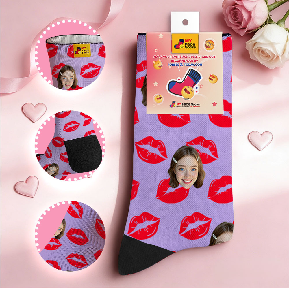 Custom Colorful Face Socks Personalized Valentine Day Socks with Photo Cute Heart Pattern Couple Gift - MyFaceSocksAU