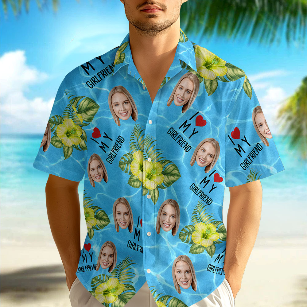 Personalized Face Hawaiian Shirt Summer Vacation Couple Face Hawaiian Shirt I Love My Wife Light Blue Flower Hawaiian Shirt - MyFaceSocksAU