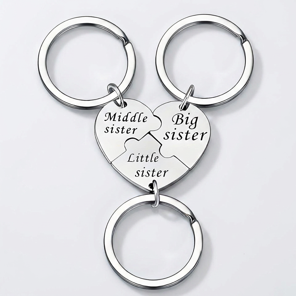 Custom Stainless Steel Puzzle Heart Keychain Set – Big Sister, Middle Sister, Little Sister Engraved Family Bond Gift - MyFaceSocksAU