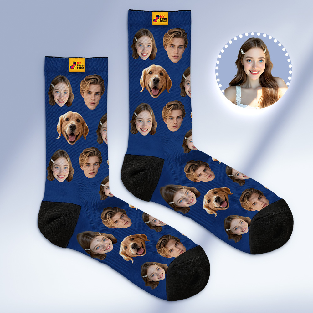 Custom Face Socks Personalized Socks with Faces Photo Blue Funny Gift Photo Family Socks - MyFaceSocksAU