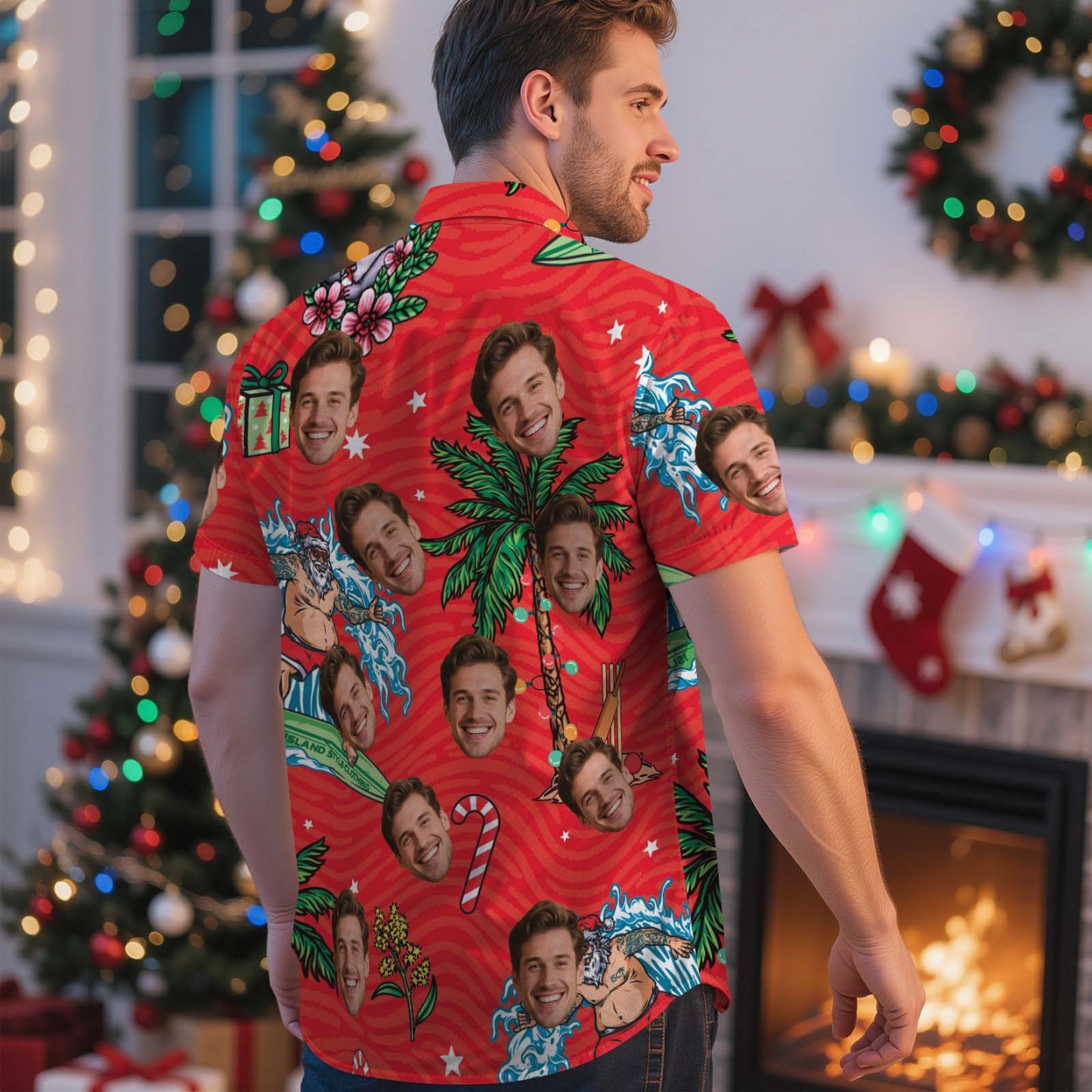 Custom Funny Green Santa Face Shirt Personalized Men Hawaiian Shirt With Face Photo Hawaiian Shirt Aloha Shirt Christmas Gift - MyFaceSocksAU