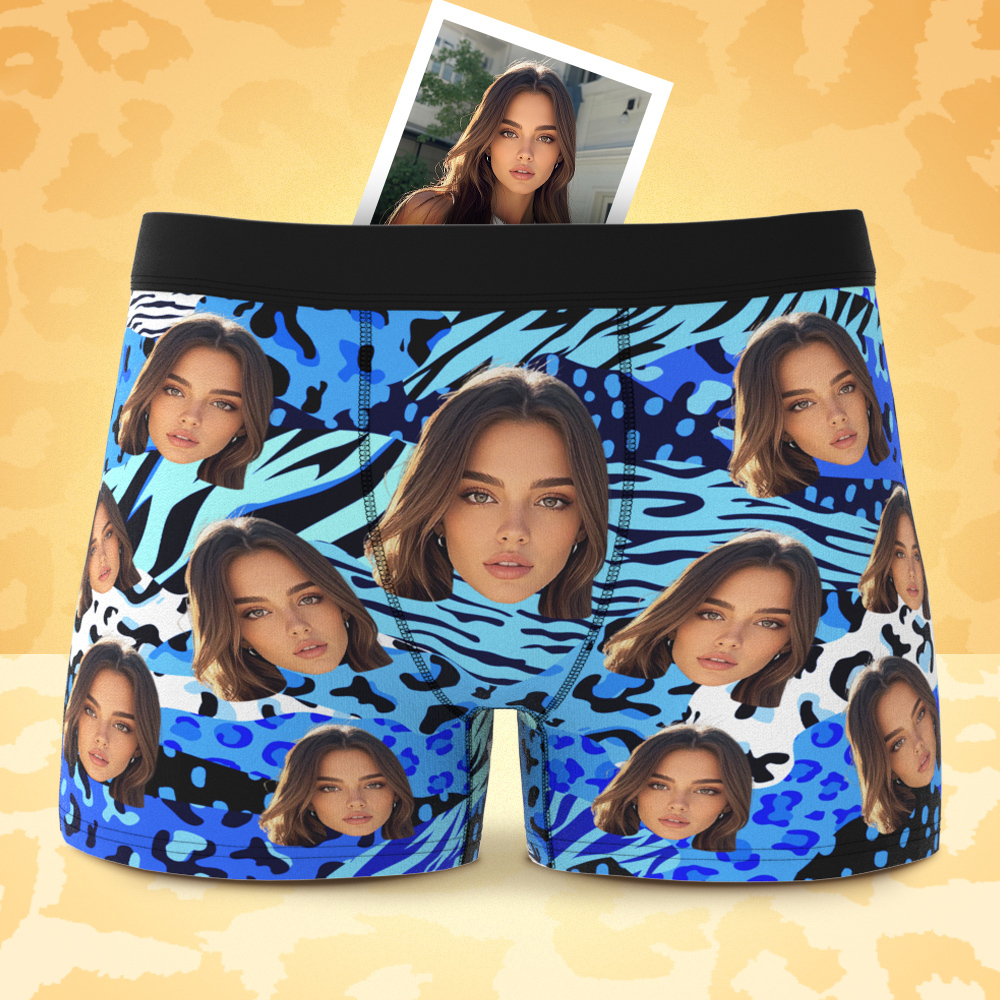 Custom Face Boxer Shorts Men's Face Mixed Patterns Underwear Valentine's Day Gifts Blue - MyFaceSocksAU