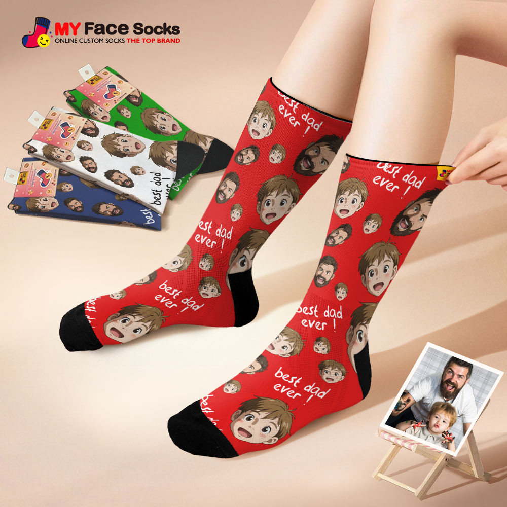 Custom Cartoon Dad Photo Print Socks Colorful White Socks Personalized Custom Design Best Fathers Day Gift - MyFaceSocksAU
