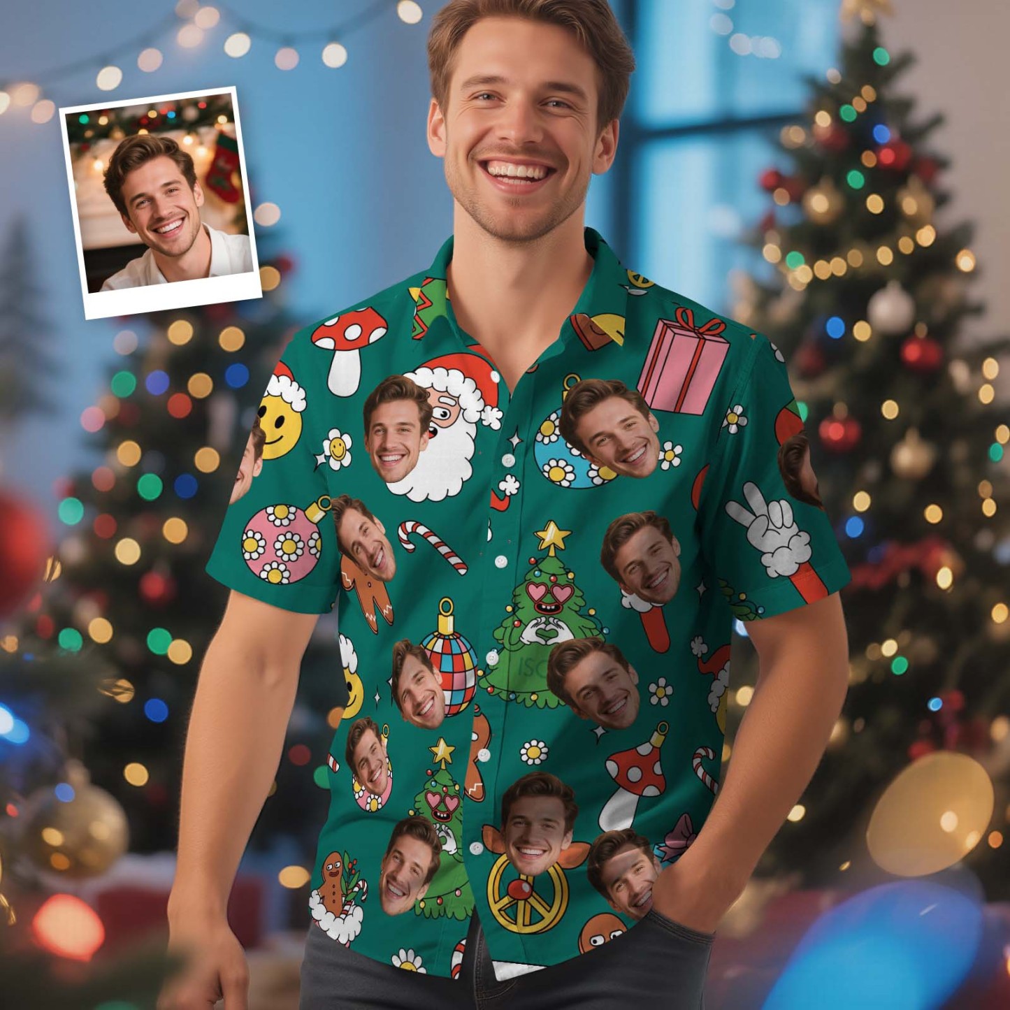 Custom Funny Green Santa Face Shirt Personalized Men Hawaiian Shirt With Face Photo Hawaiian Shirt Aloha Shirt Christmas Gift - MyFaceSocksAU