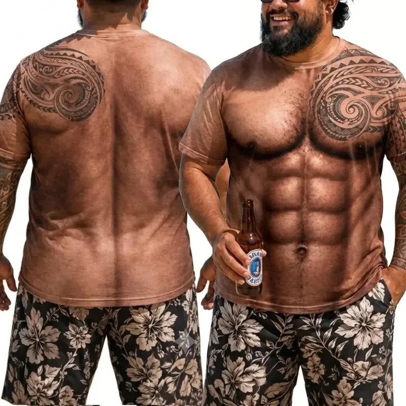 3D Hairy Body Tattoo Graphic T-Shirt, Funny Hairy Body Shirt, Muscular Chest Illusion Shirt, Summer Vacation Travel Gifts for Husband - MyFaceSocksAU