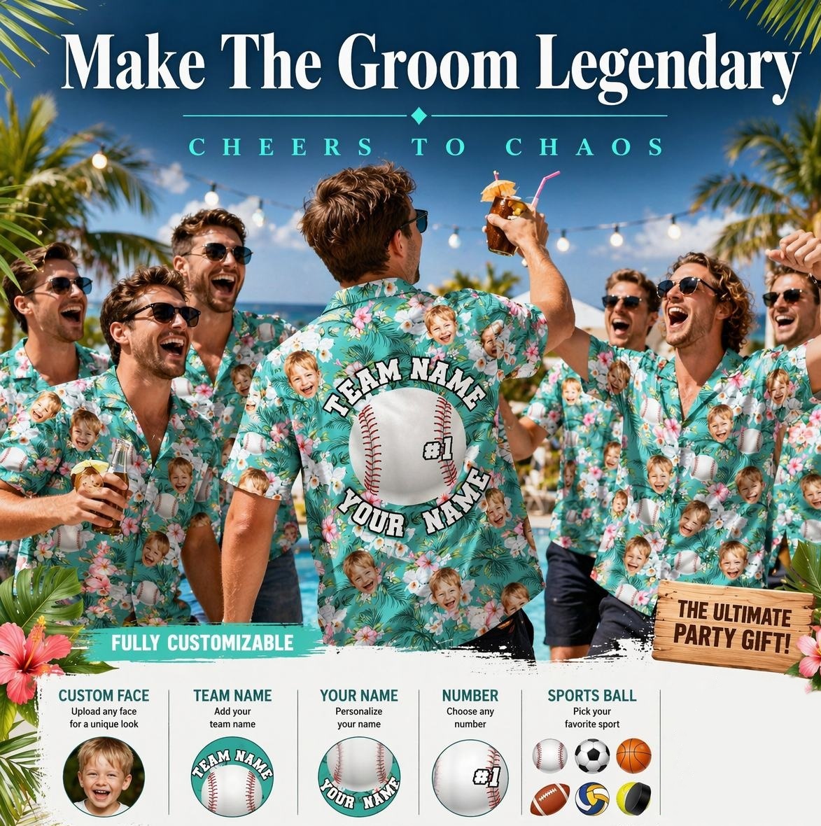Custom Sports Ball and Face Hawaiian Shirt : Personalized Baseball Tropical Shirts, Customized Hawaii Jersey - MyFaceSocksAU