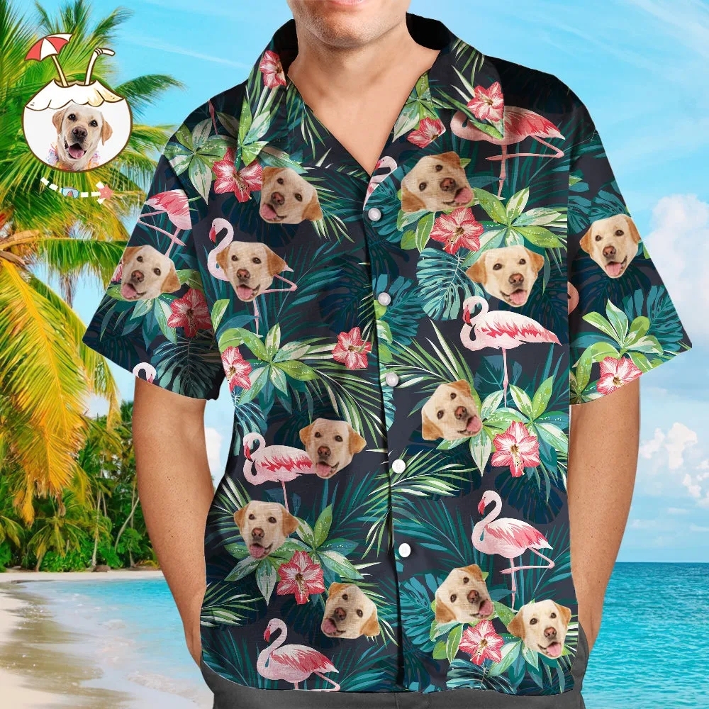 Christmas Gifts Custom Hawaiian Shirt with Face Custom Dog Face Shirt Leaves & Flamingo Button Down Shirts
