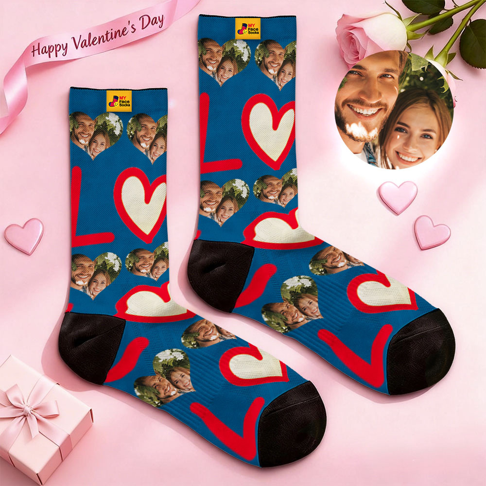 Custom Colorful Face Socks Personalized Valentine Day Socks with Photo Cute Heart Pattern Couple Gift - MyFaceSocksAU