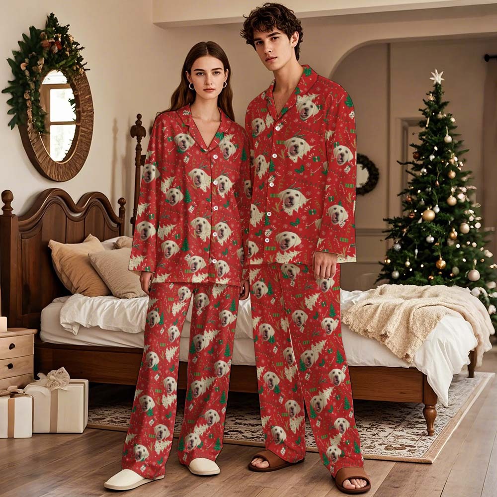 Custom Green Palm Tree Leaves Christmas Face Long Sleeve Pajamas Face Pajamas with Pet Face Personalized Photo Pajamas Gift - MyFaceSocksAU