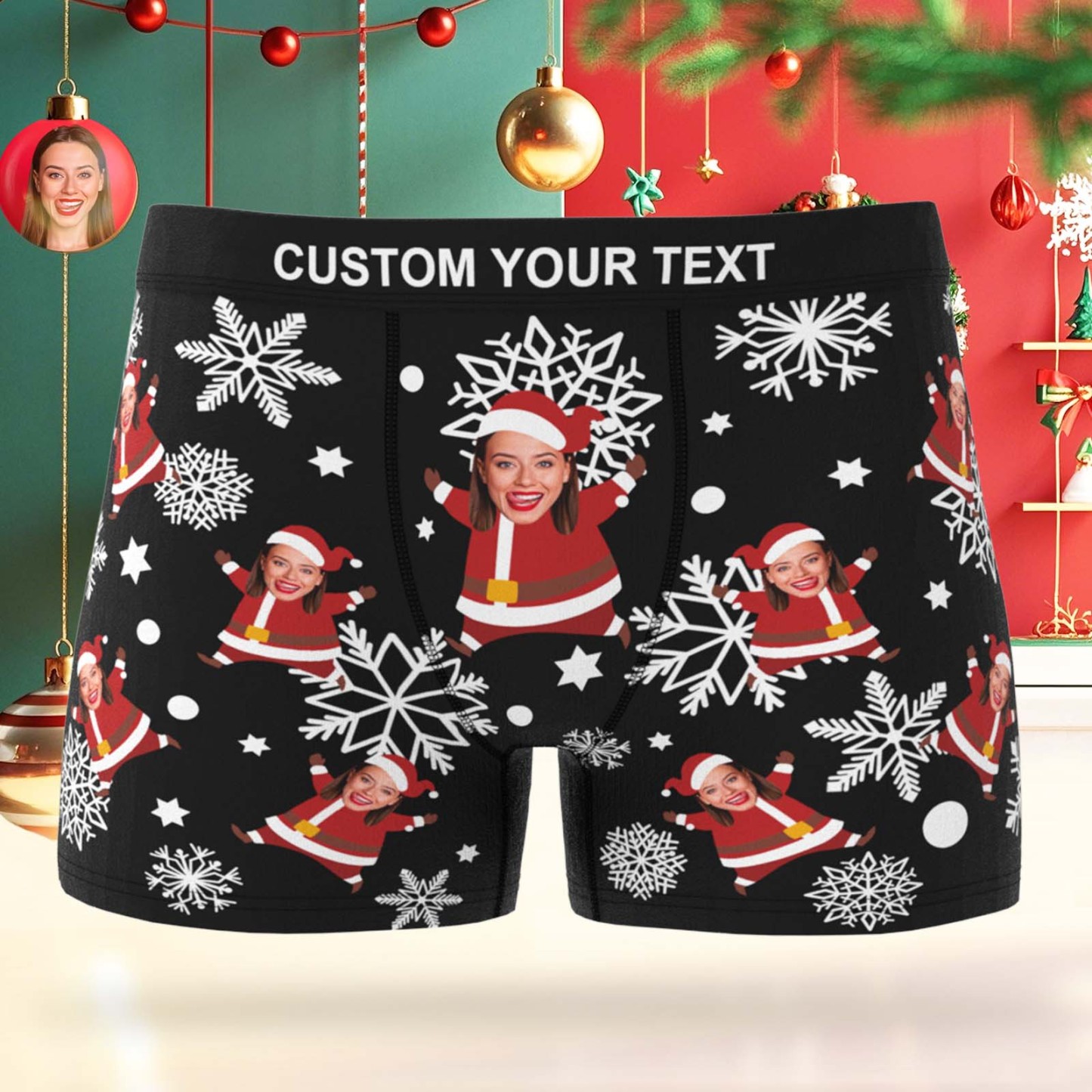 Custom Face Men's Boxer Underwear Snowflake Santa Claus Personalized Photo Funny Men's Boxer Briefs Christmas Gift - MyFaceSocksAU