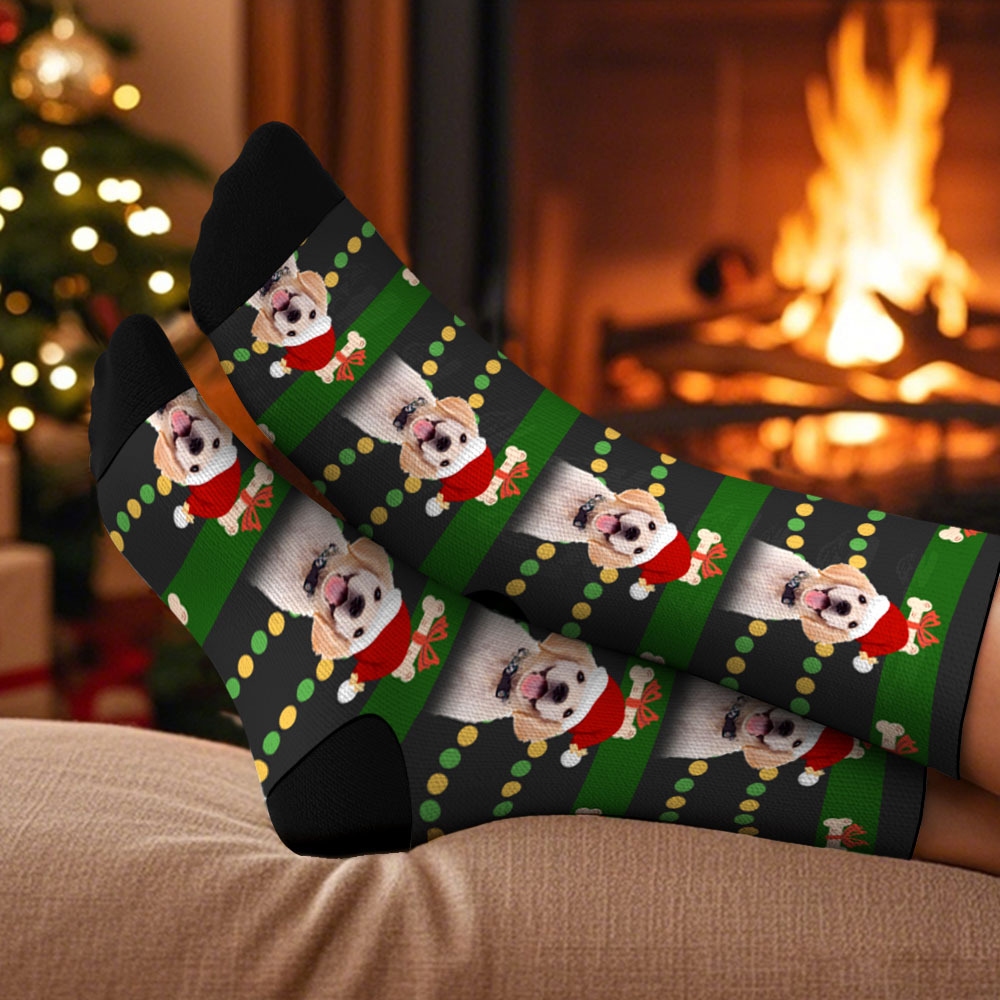 Custom Pet Christmas Socks Cute Pet Face Socks with Festive Fairy Lights Perfect Santa Gift - MyFaceSocksAU